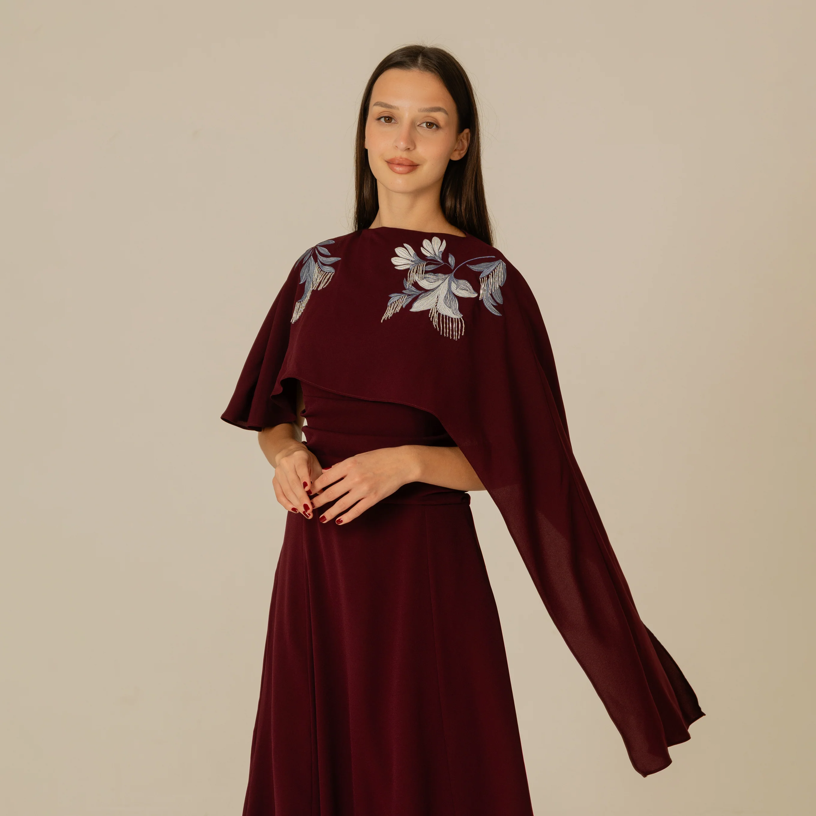 Burgundy Embellished Crepe Cape Dress - Image 14