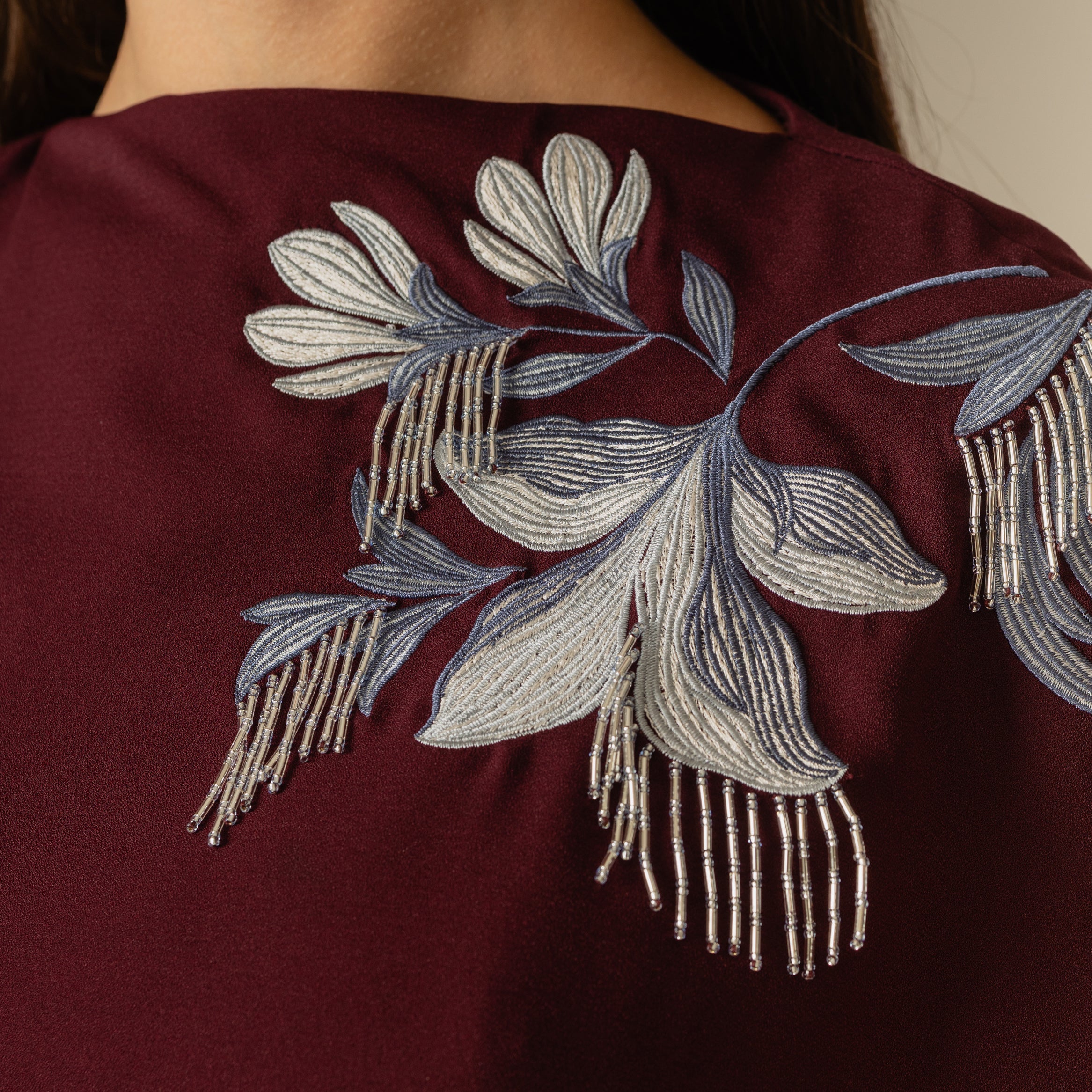Burgundy Embellished Crepe Cape Dress - Image 3