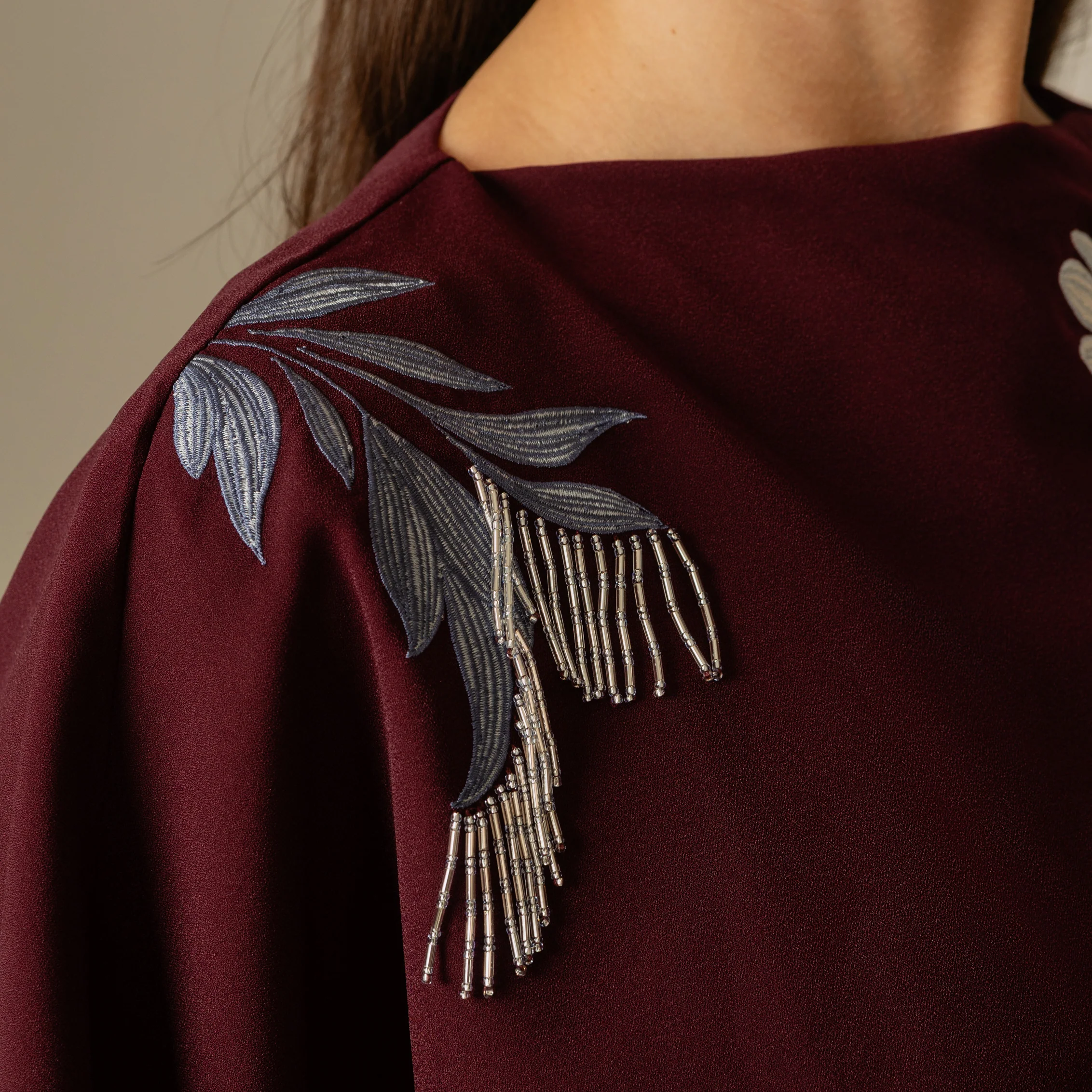 Burgundy Embellished Crepe Cape Dress - Image 4