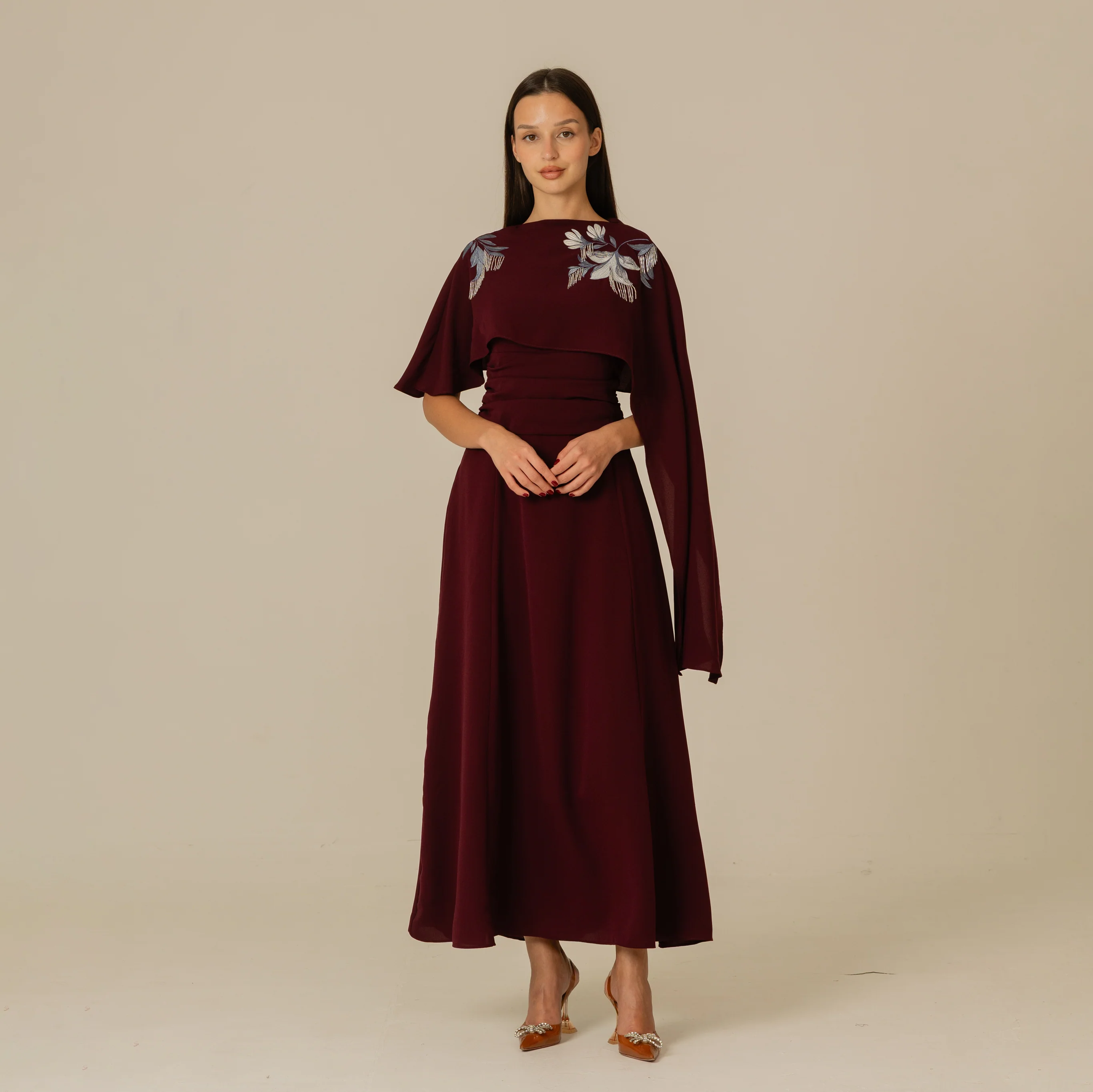 Burgundy Embellished Crepe Cape Dress - Image 5