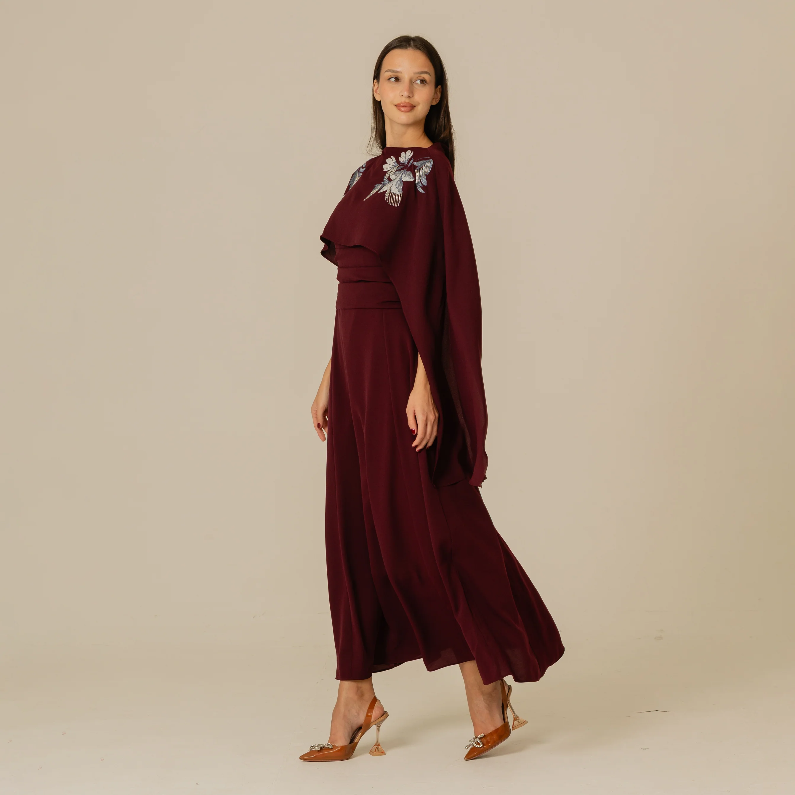Burgundy Embellished Crepe Cape Dress - Image 6