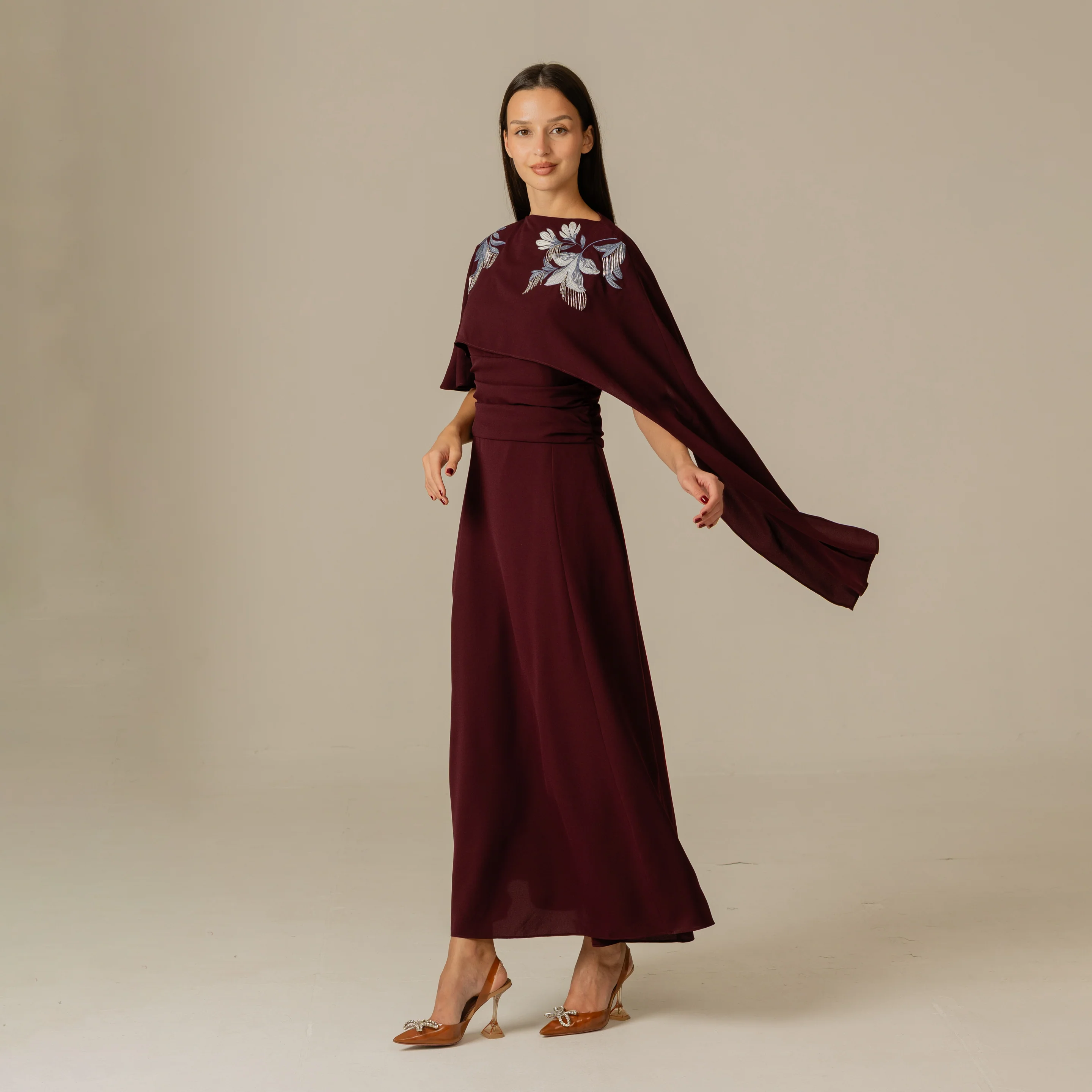 Burgundy Embellished Crepe Cape Dress - Image 7