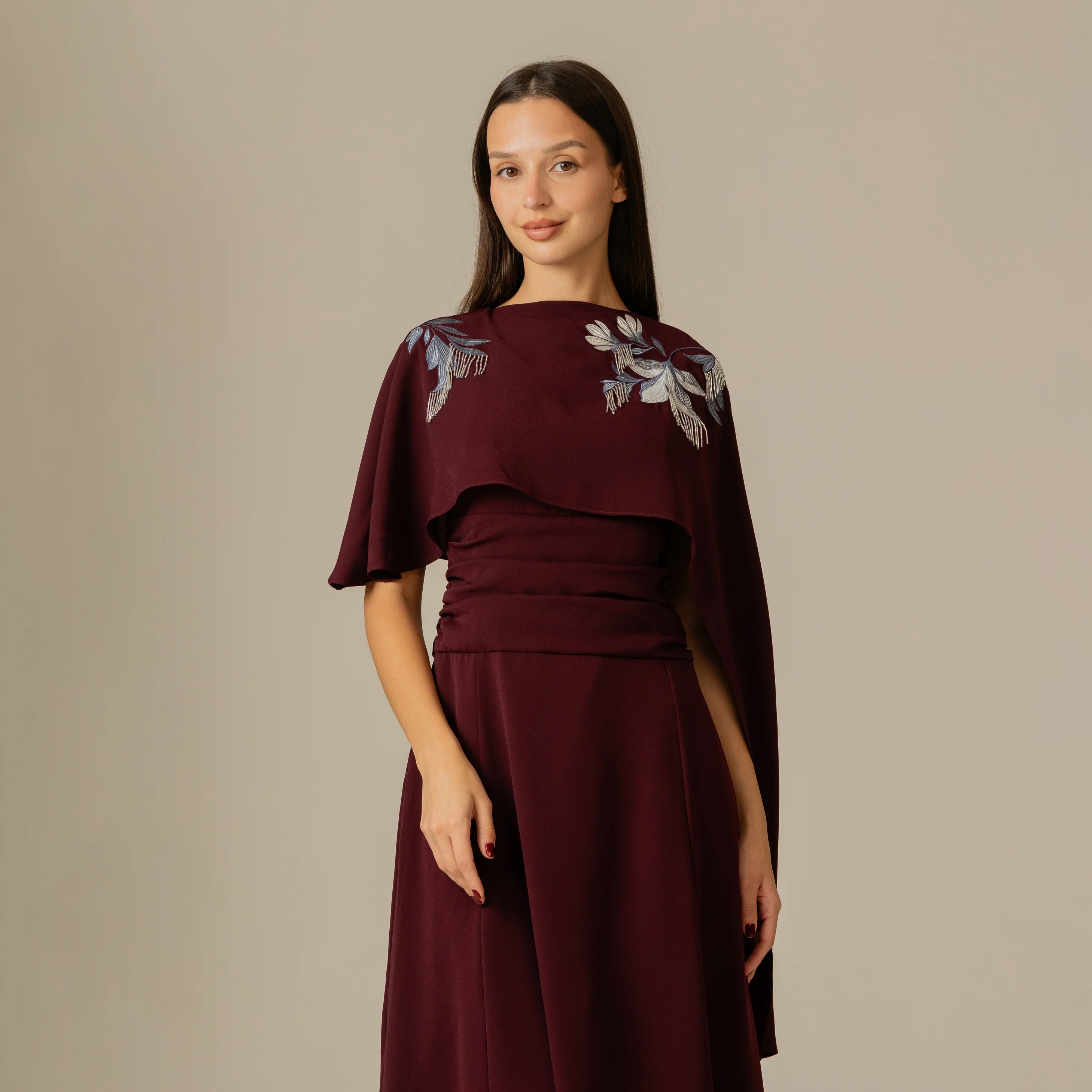 Burgundy Embellished Crepe Cape Dress - Image 8