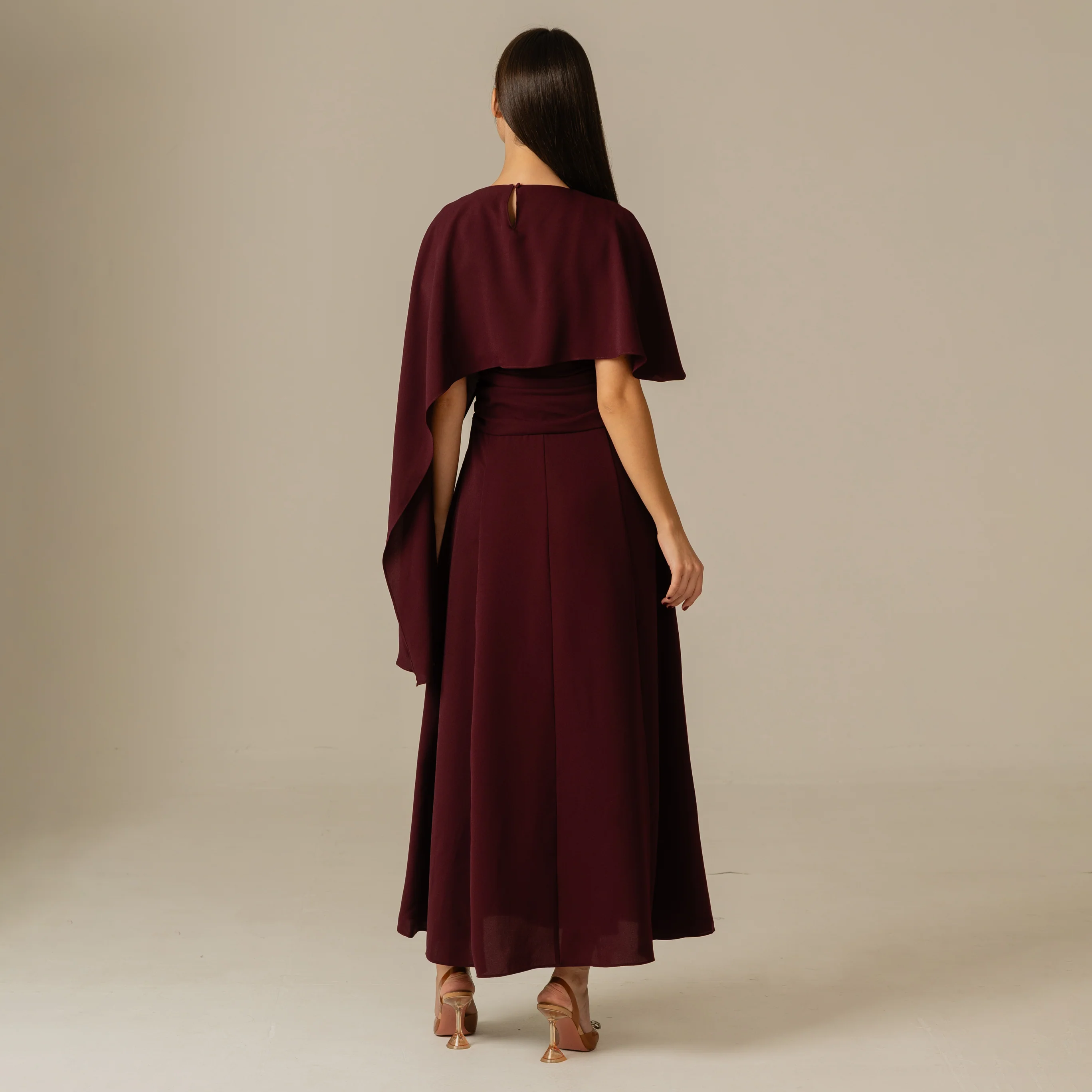 Burgundy Embellished Crepe Cape Dress - Image 9