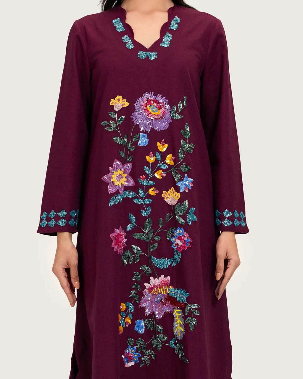 Burgundy Linen Kaftan with Hand Embellishments and Scalloped Edges - Image 3