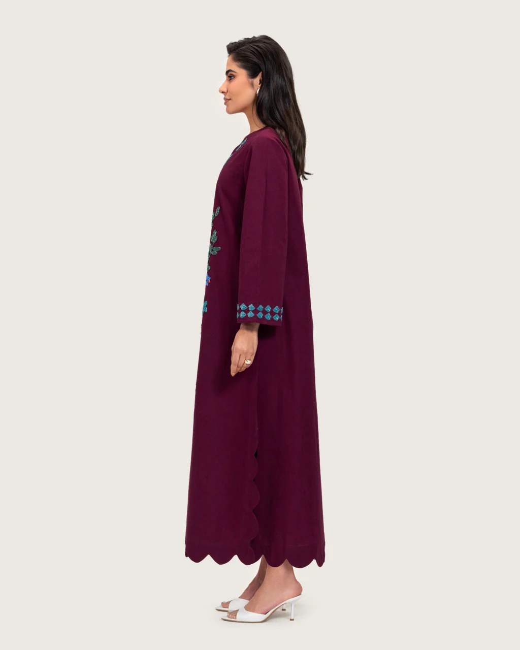 Burgundy Linen Kaftan with Hand Embellishments and Scalloped Edges - Image 4
