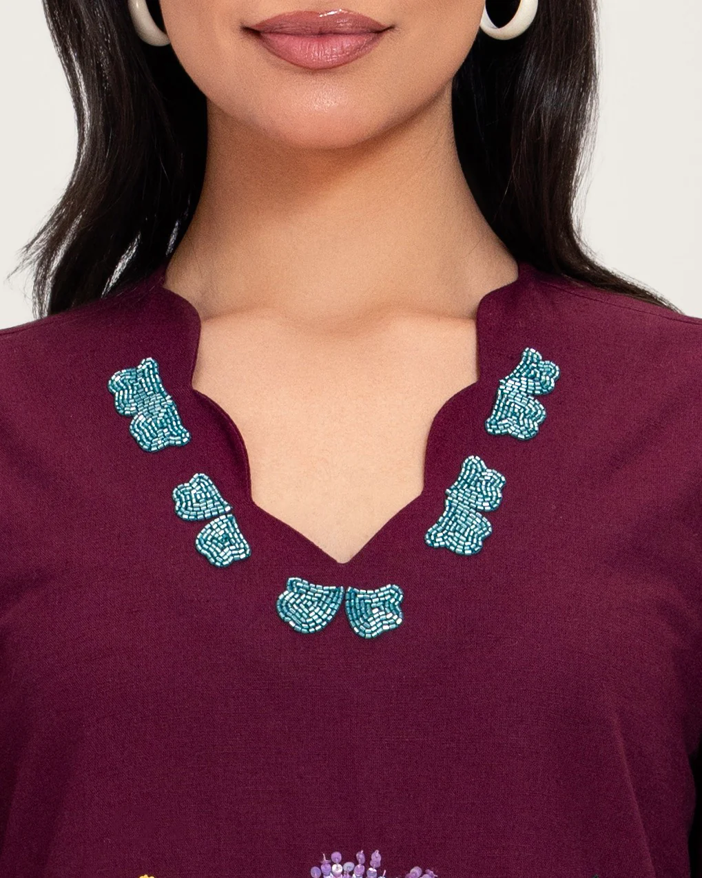 Burgundy Linen Kaftan with Hand Embellishments and Scalloped Edges - Image 5
