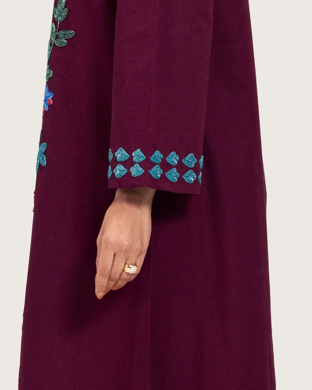 Burgundy Linen Kaftan with Hand Embellishments and Scalloped Edges - Image 6