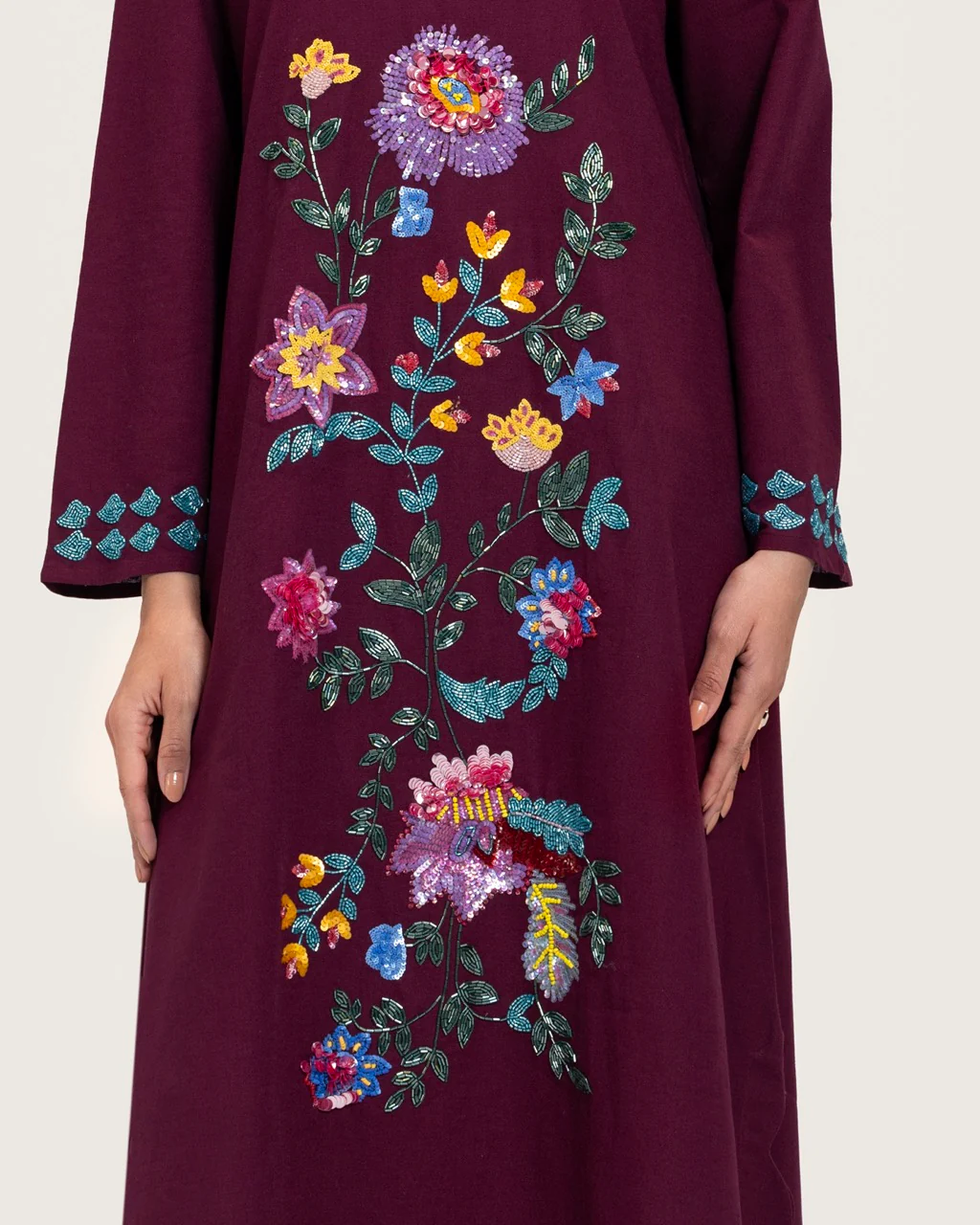 Burgundy Linen Kaftan with Hand Embellishments and Scalloped Edges - Image 7