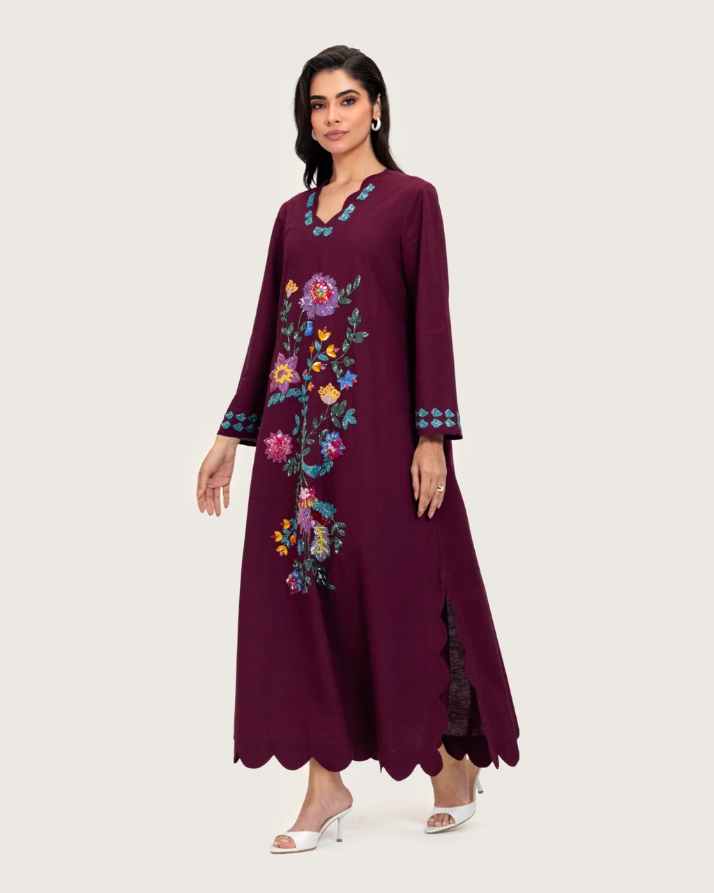 Burgundy Linen Kaftan with Hand Embellishments and Scalloped Edges - Image 8