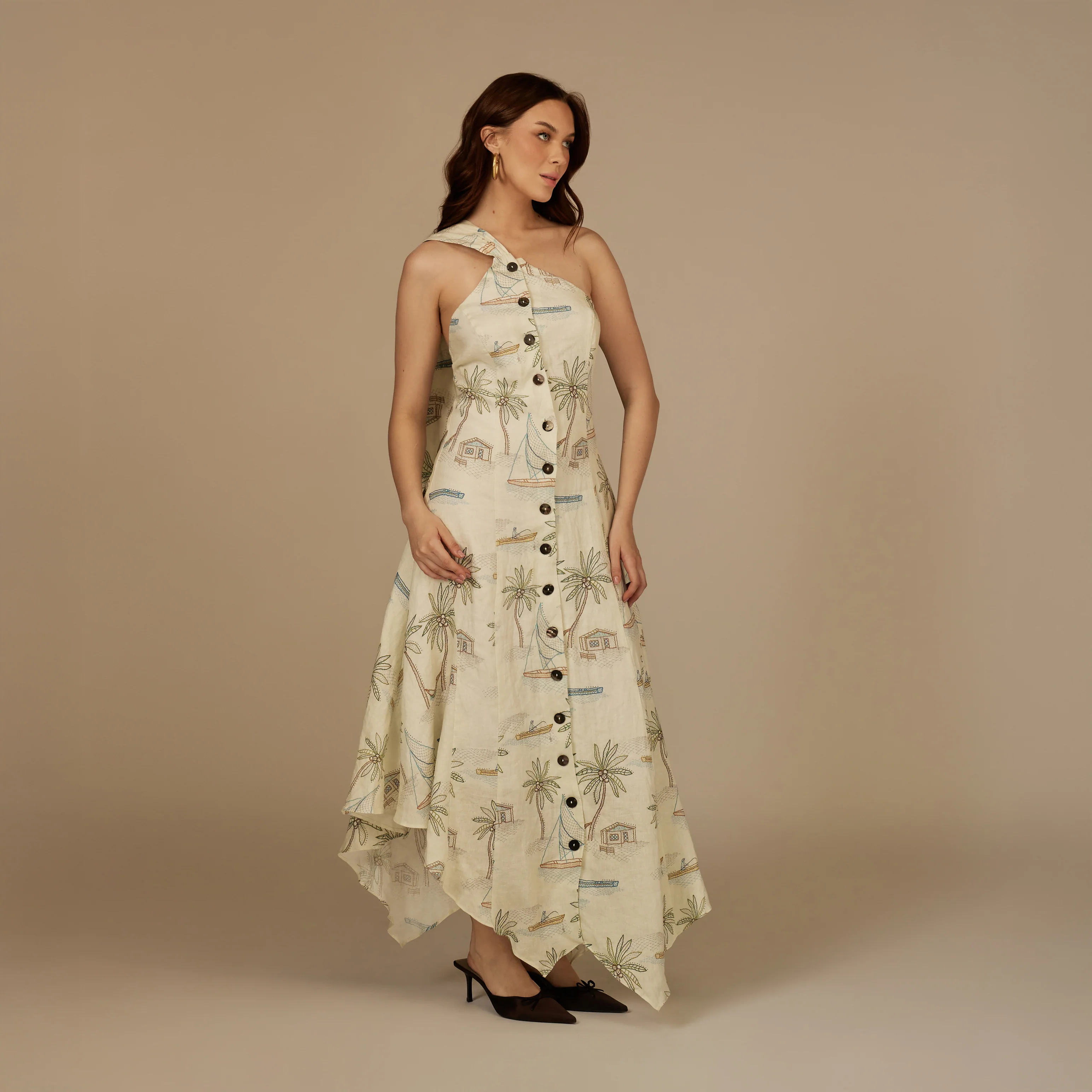 Beige Coastal Printed Linen Dress - Image 4