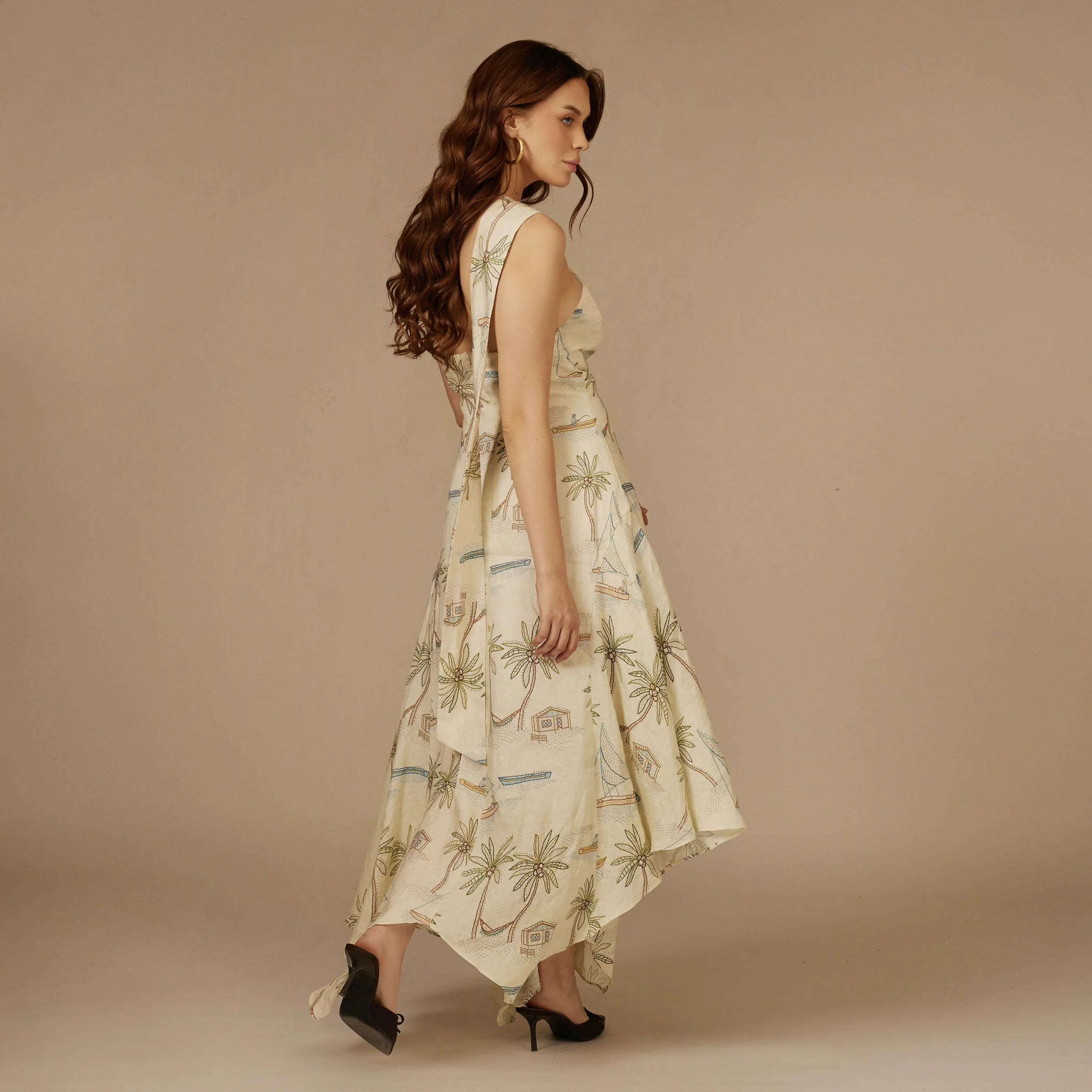 Beige Coastal Printed Linen Dress - Image 5