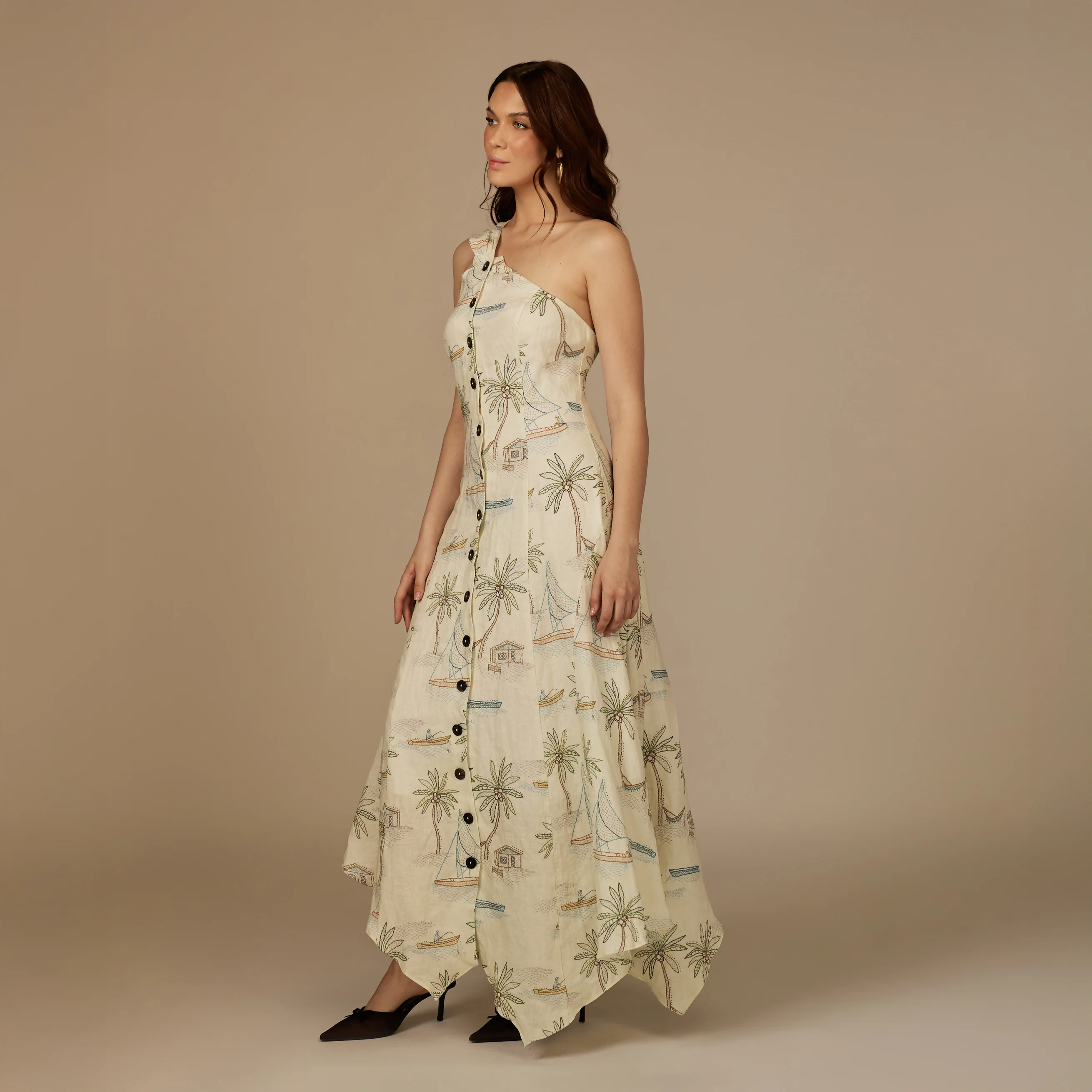 Beige Coastal Printed Linen Dress - Image 6