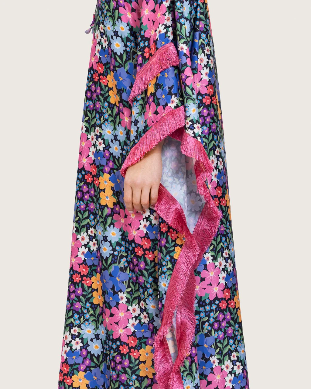 Colorful Satin Printed Dress with Fringes & 3D Floral Details - Image 10