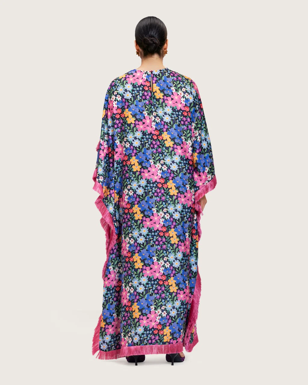 Colorful Satin Printed Dress with Fringes & 3D Floral Details - Image 11