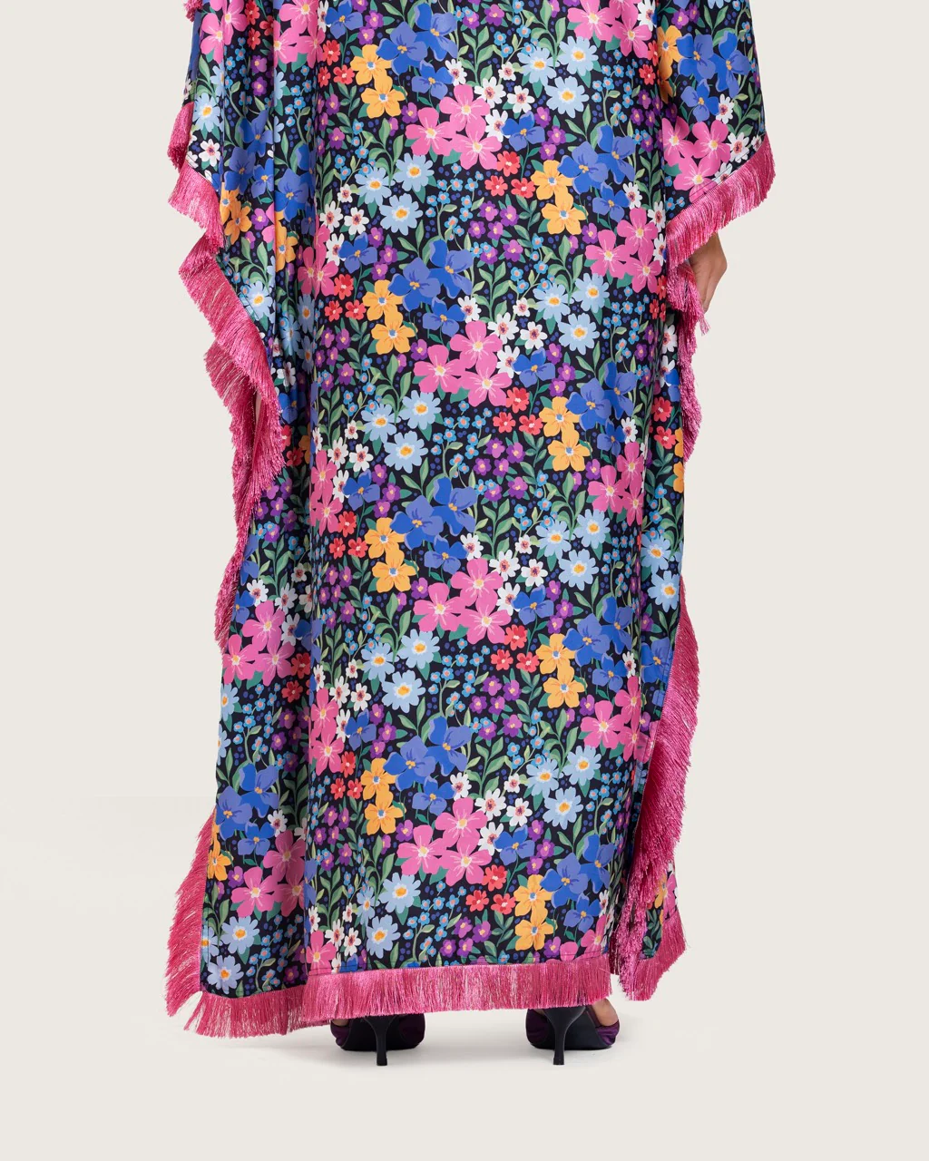 Colorful Satin Printed Dress with Fringes & 3D Floral Details - Image 12