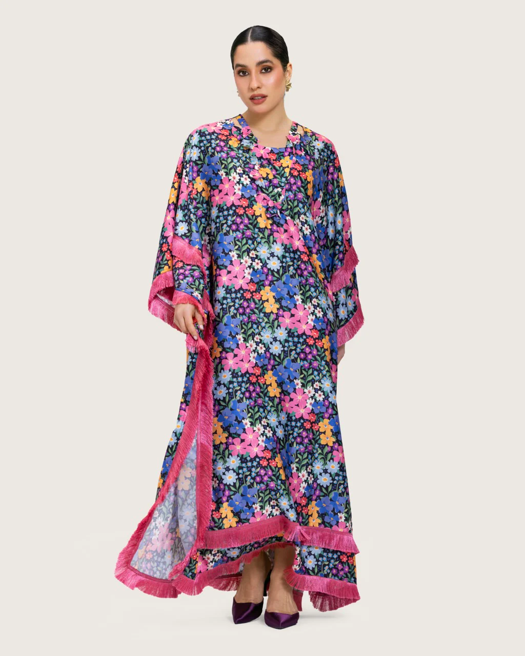 Colorful Satin Printed Dress with Fringes & 3D Floral Details - Image 13