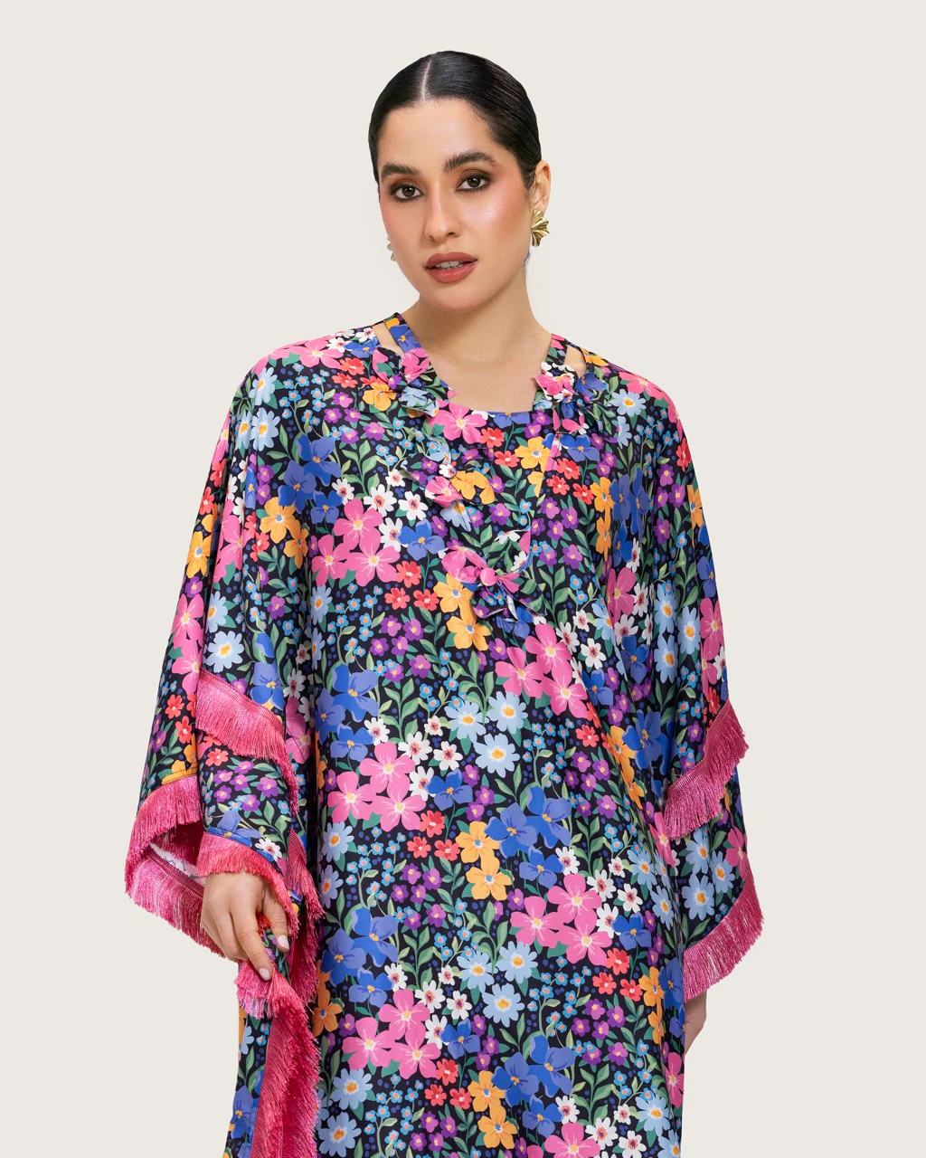 Colorful Satin Printed Dress with Fringes & 3D Floral Details - Image 14