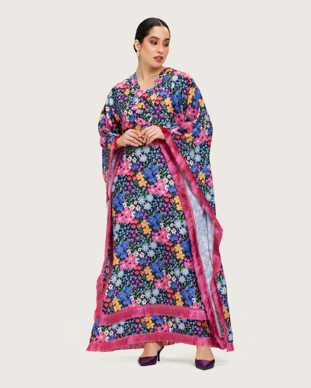 Colorful Satin Printed Dress with Fringes & 3D Floral Details - Image 15