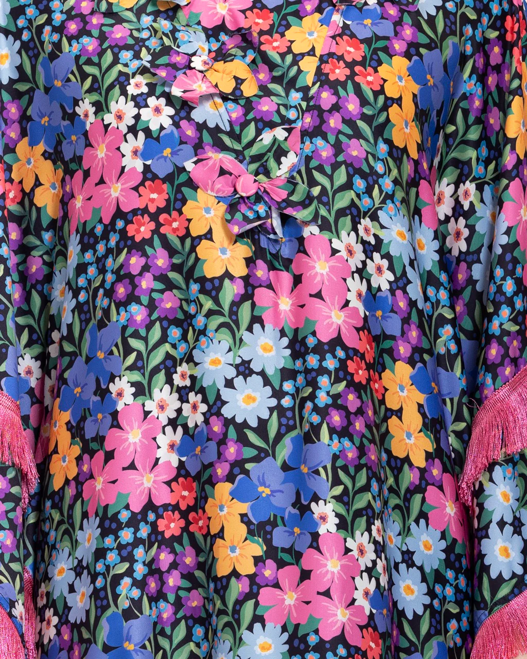 Colorful Satin Printed Dress with Fringes & 3D Floral Details - Image 3