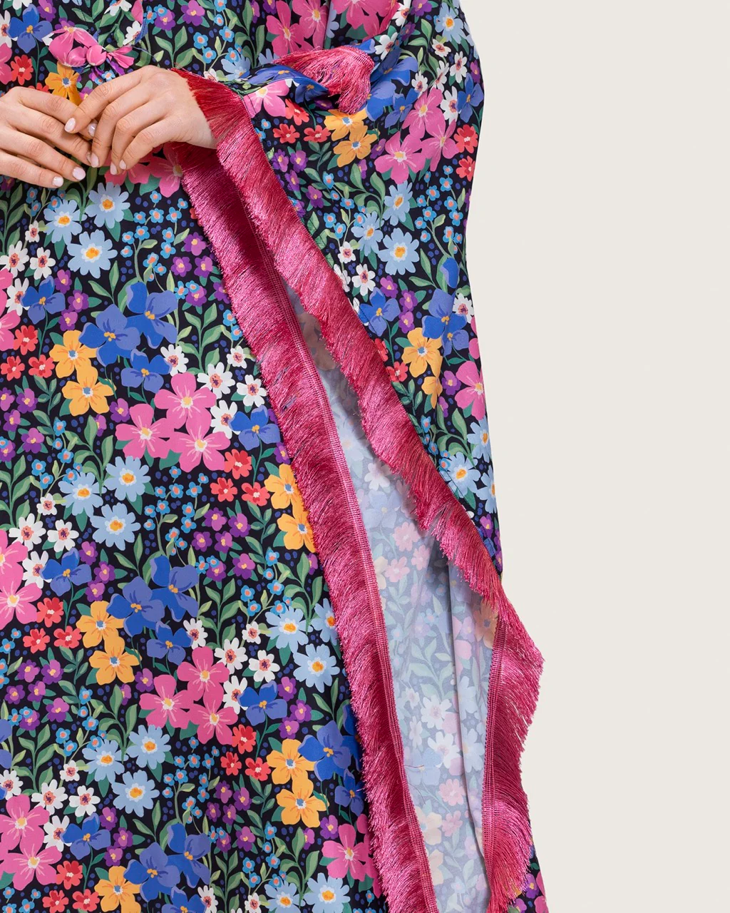 Colorful Satin Printed Dress with Fringes & 3D Floral Details - Image 4