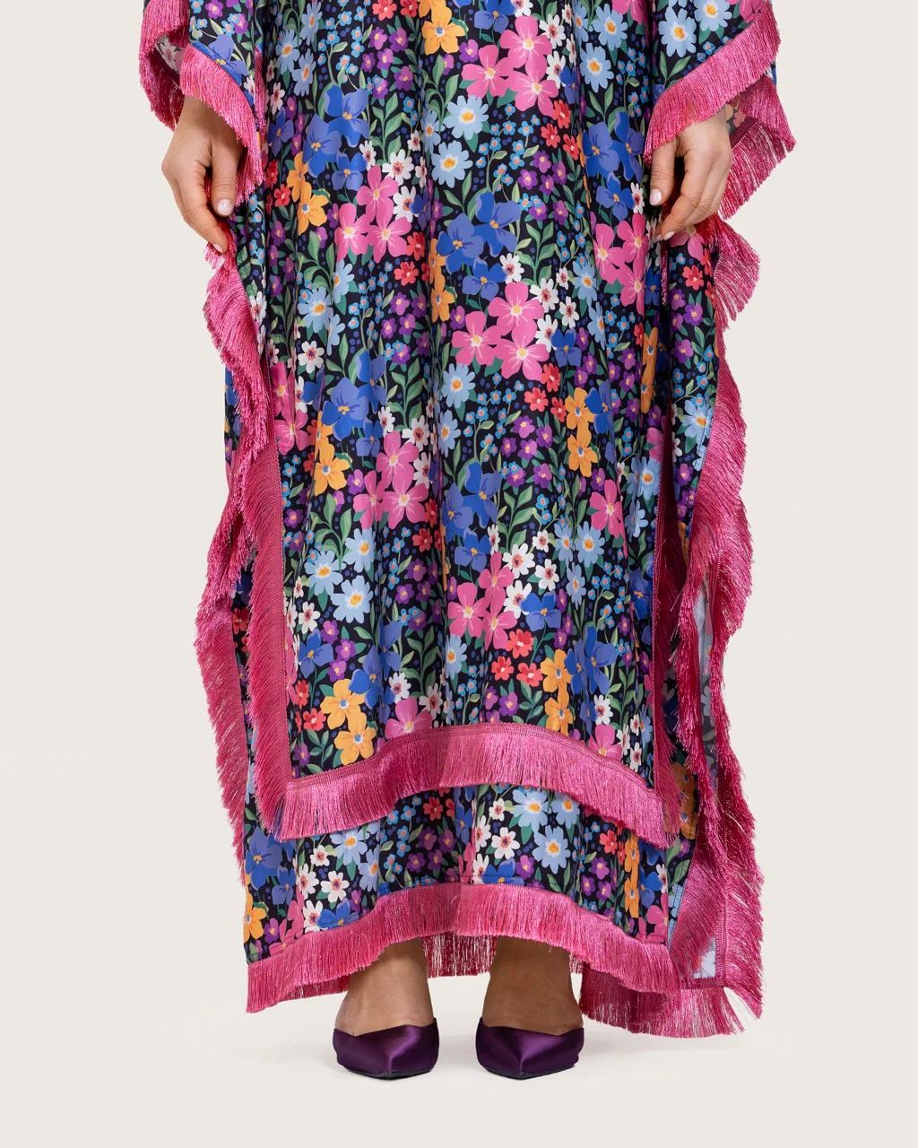 Colorful Satin Printed Dress with Fringes & 3D Floral Details - Image 5