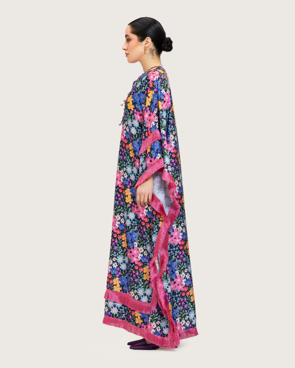 Colorful Satin Printed Dress with Fringes & 3D Floral Details - Image 6