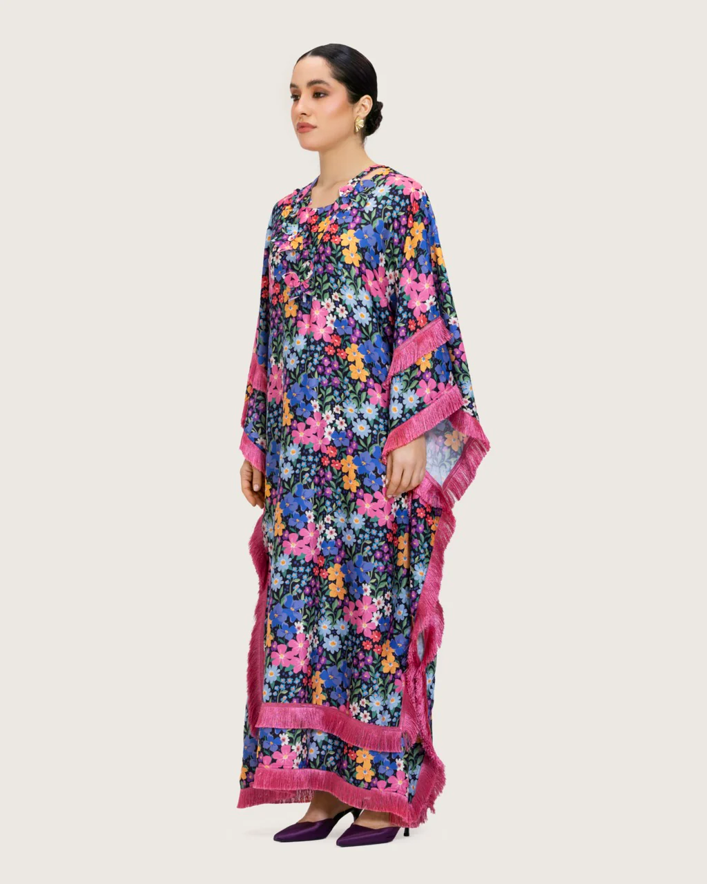 Colorful Satin Printed Dress with Fringes & 3D Floral Details - Image 7