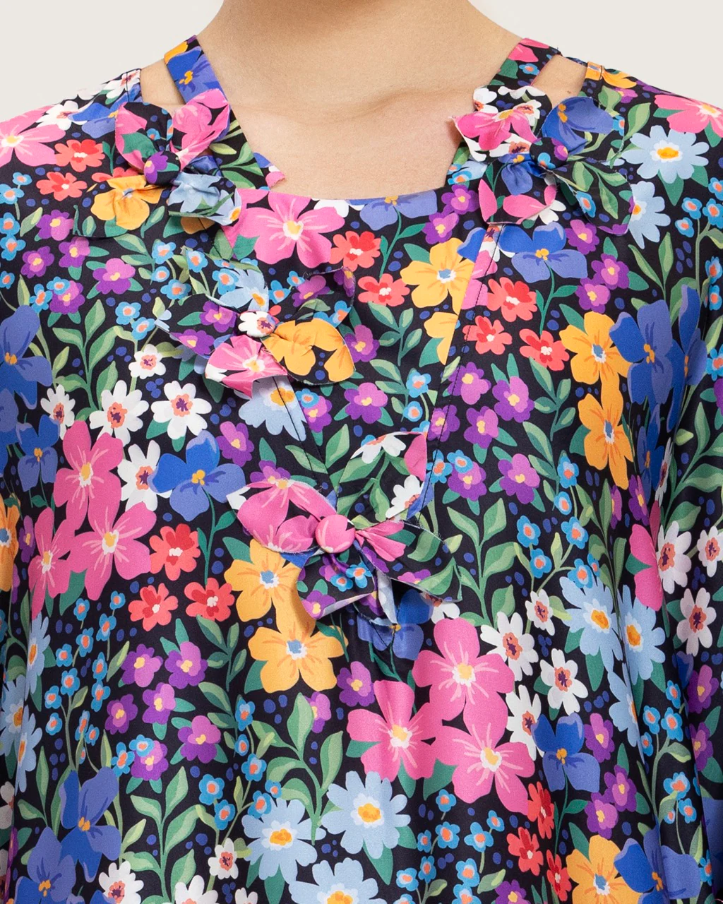 Colorful Satin Printed Dress with Fringes & 3D Floral Details - Image 8