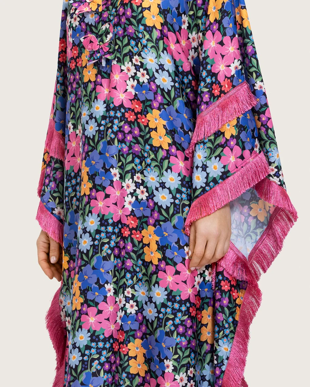 Colorful Satin Printed Dress with Fringes & 3D Floral Details - Image 9
