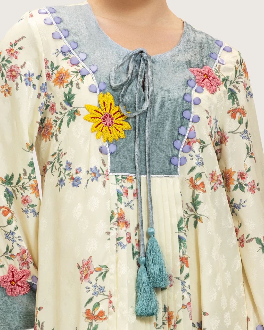 Cream Floral Maxi Kaftan Dress with Embroidery & Front Tie - Image 10