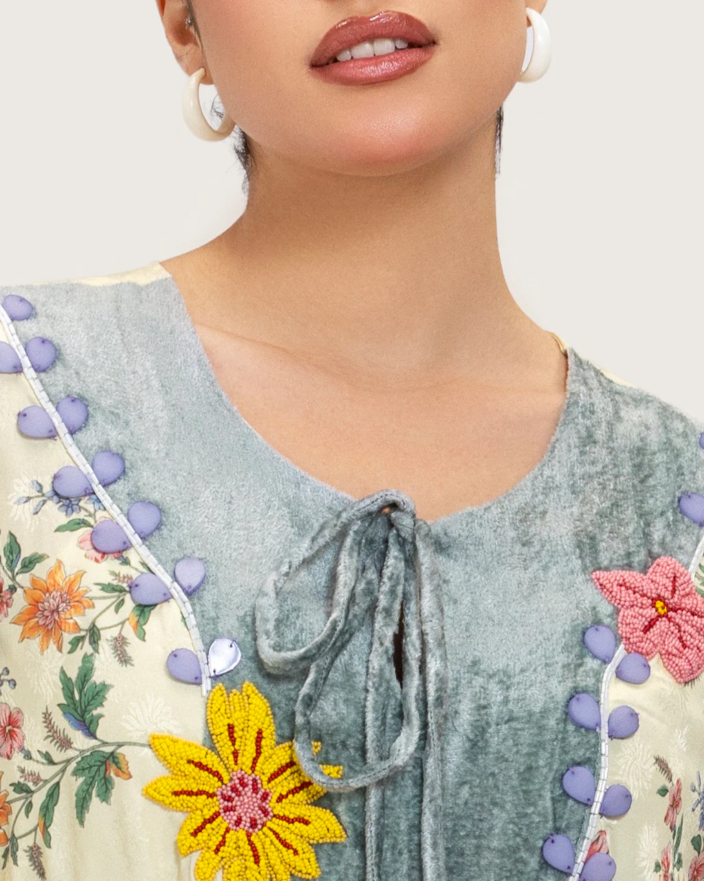 Cream Floral Maxi Kaftan Dress with Embroidery & Front Tie - Image 11