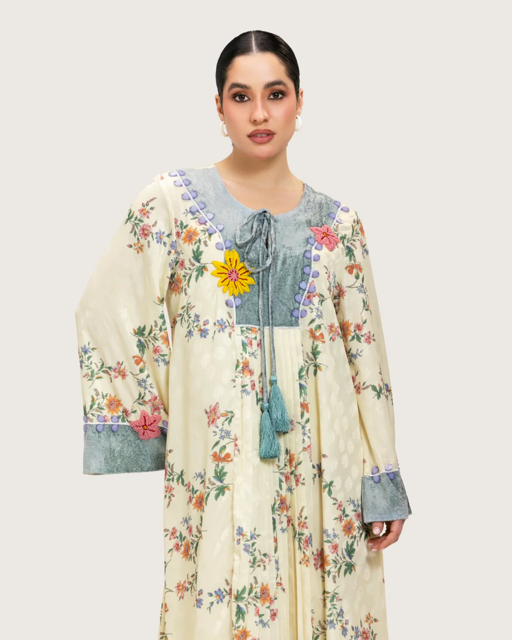 Cream Floral Maxi Kaftan Dress with Embroidery & Front Tie - Image 3