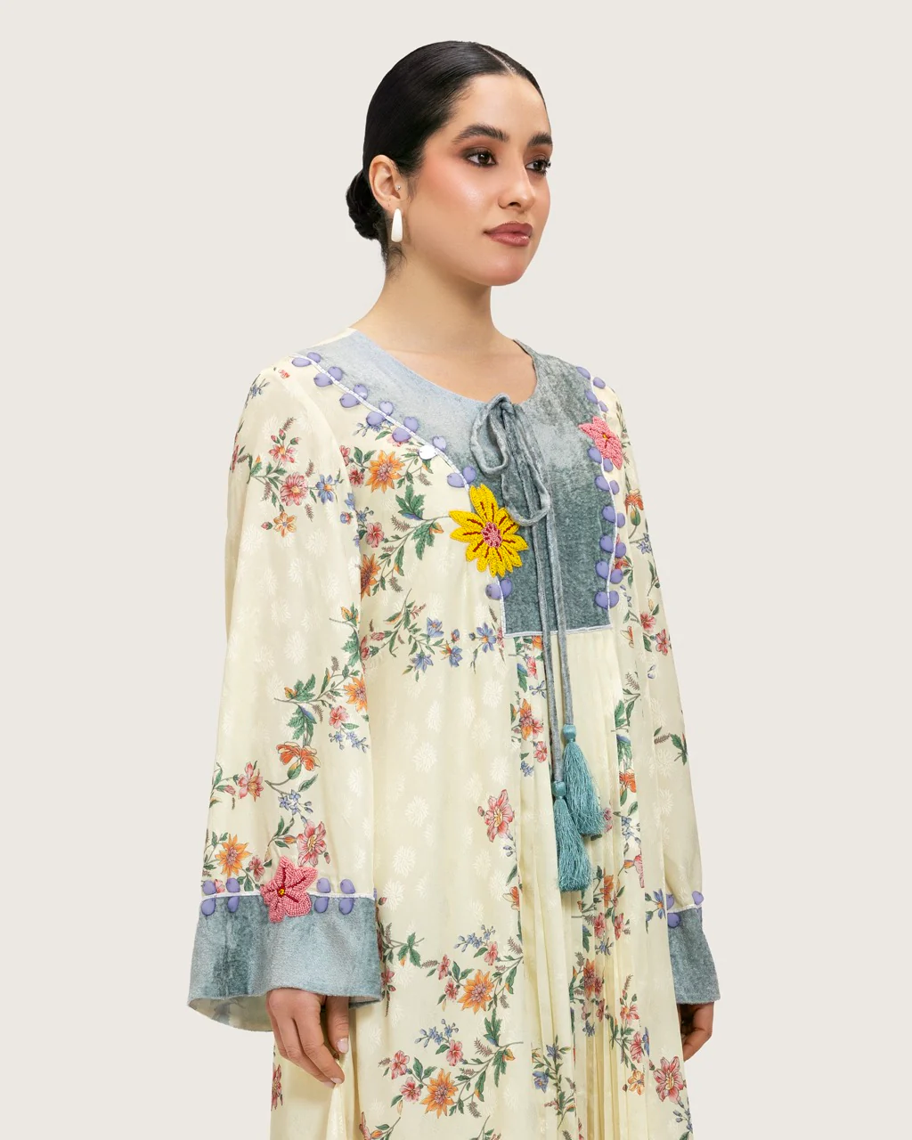 Cream Floral Maxi Kaftan Dress with Embroidery & Front Tie - Image 4