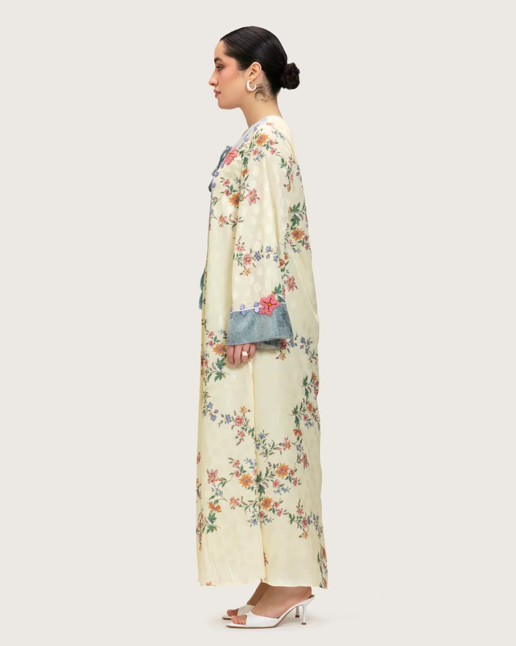 Cream Floral Maxi Kaftan Dress with Embroidery & Front Tie - Image 5