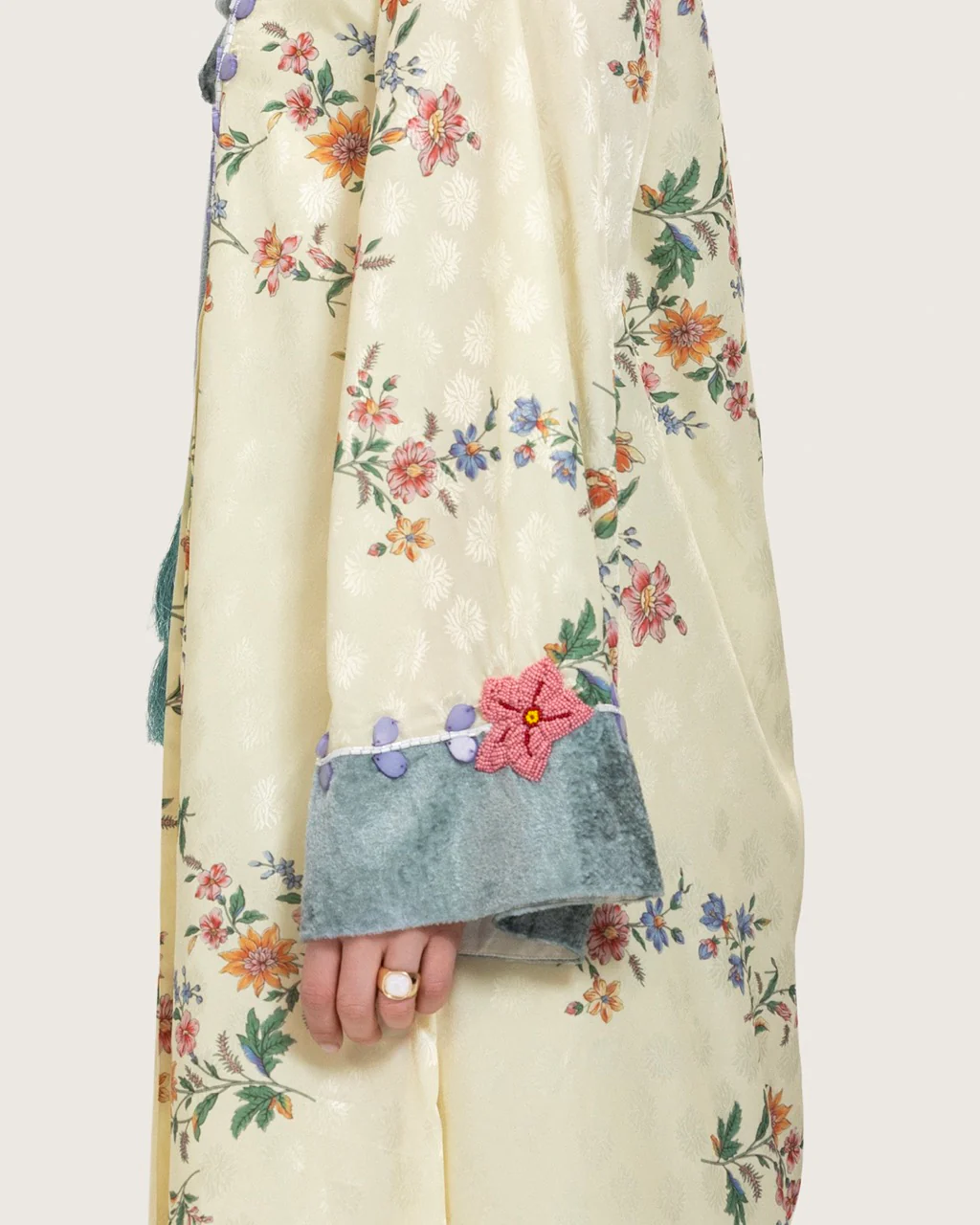 Cream Floral Maxi Kaftan Dress with Embroidery & Front Tie - Image 6