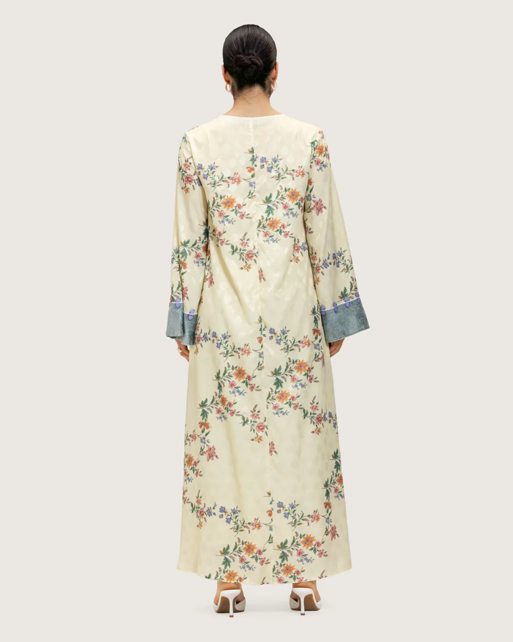 Cream Floral Maxi Kaftan Dress with Embroidery & Front Tie - Image 7