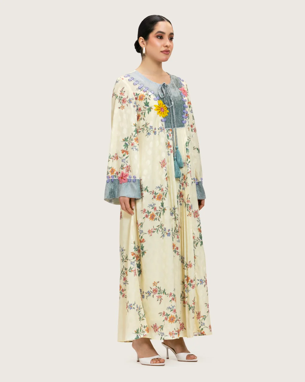Cream Floral Maxi Kaftan Dress with Embroidery & Front Tie - Image 9