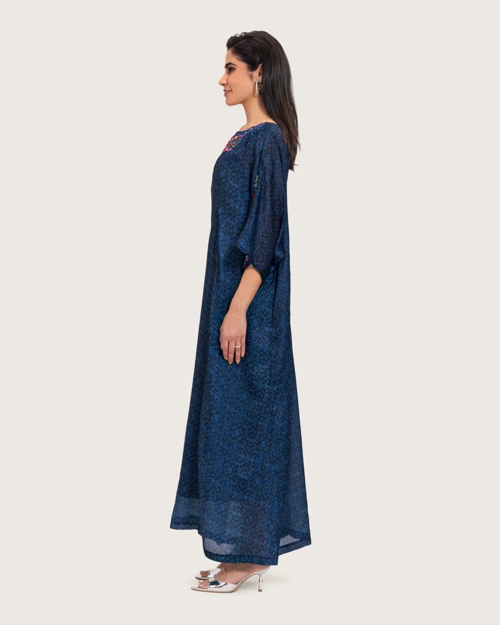 Dark Blue Printed Maxi Kaftan with Hand Embroidery & Relaxed Fit - Image 3