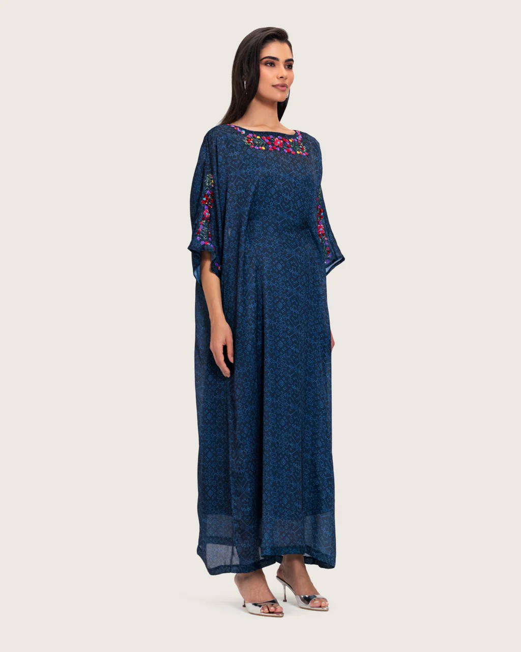 Dark Blue Printed Maxi Kaftan with Hand Embroidery & Relaxed Fit - Image 4