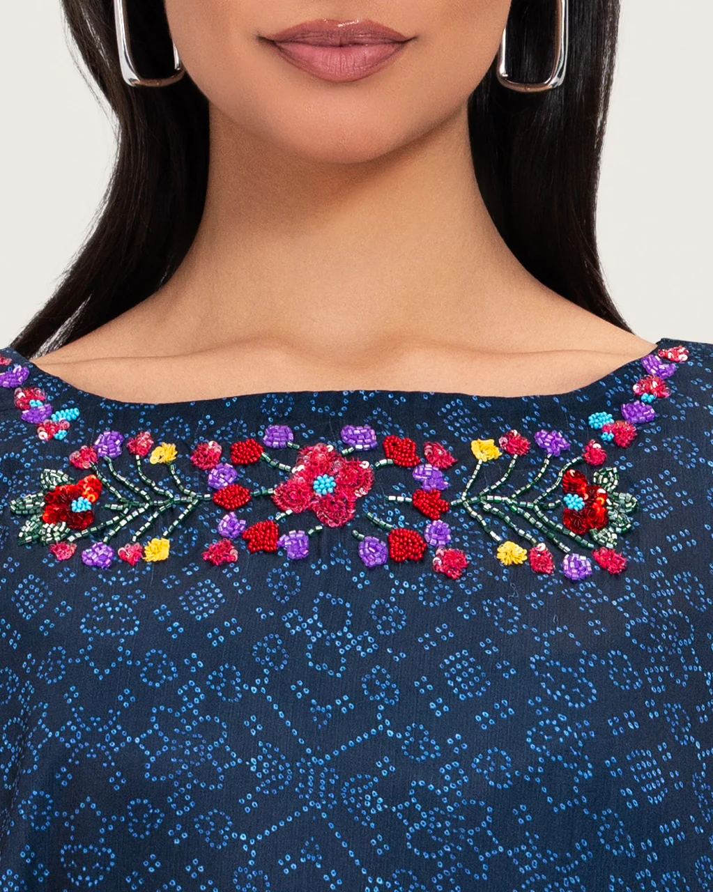 Dark Blue Printed Maxi Kaftan with Hand Embroidery & Relaxed Fit - Image 5