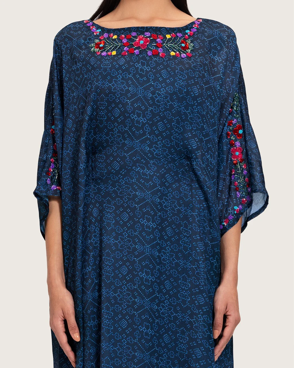 Dark Blue Printed Maxi Kaftan with Hand Embroidery & Relaxed Fit - Image 6