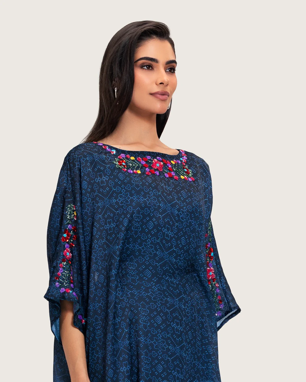 Dark Blue Printed Maxi Kaftan with Hand Embroidery & Relaxed Fit - Image 7