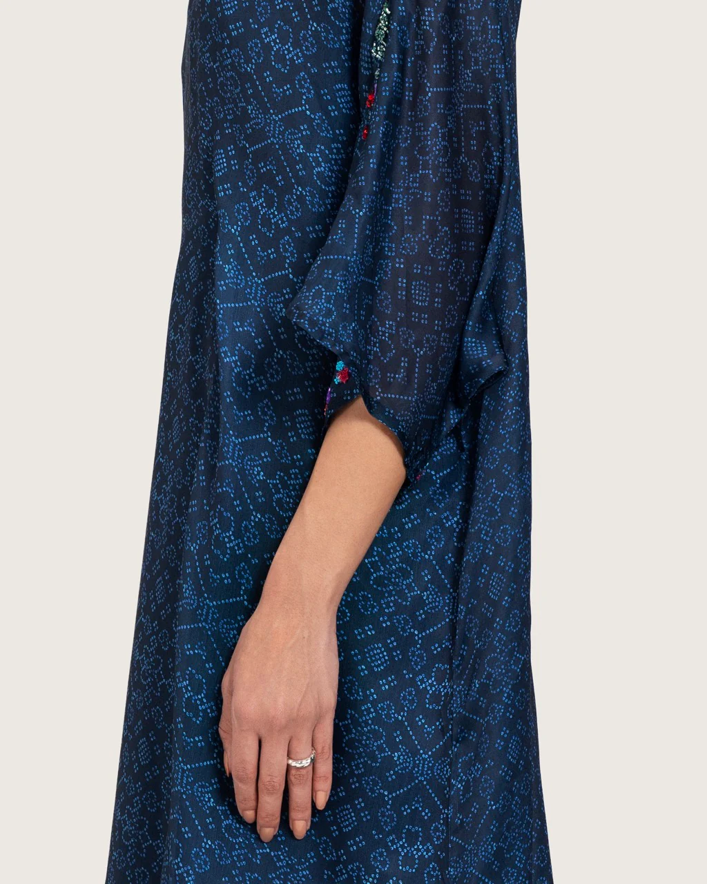 Dark Blue Printed Maxi Kaftan with Hand Embroidery & Relaxed Fit - Image 8