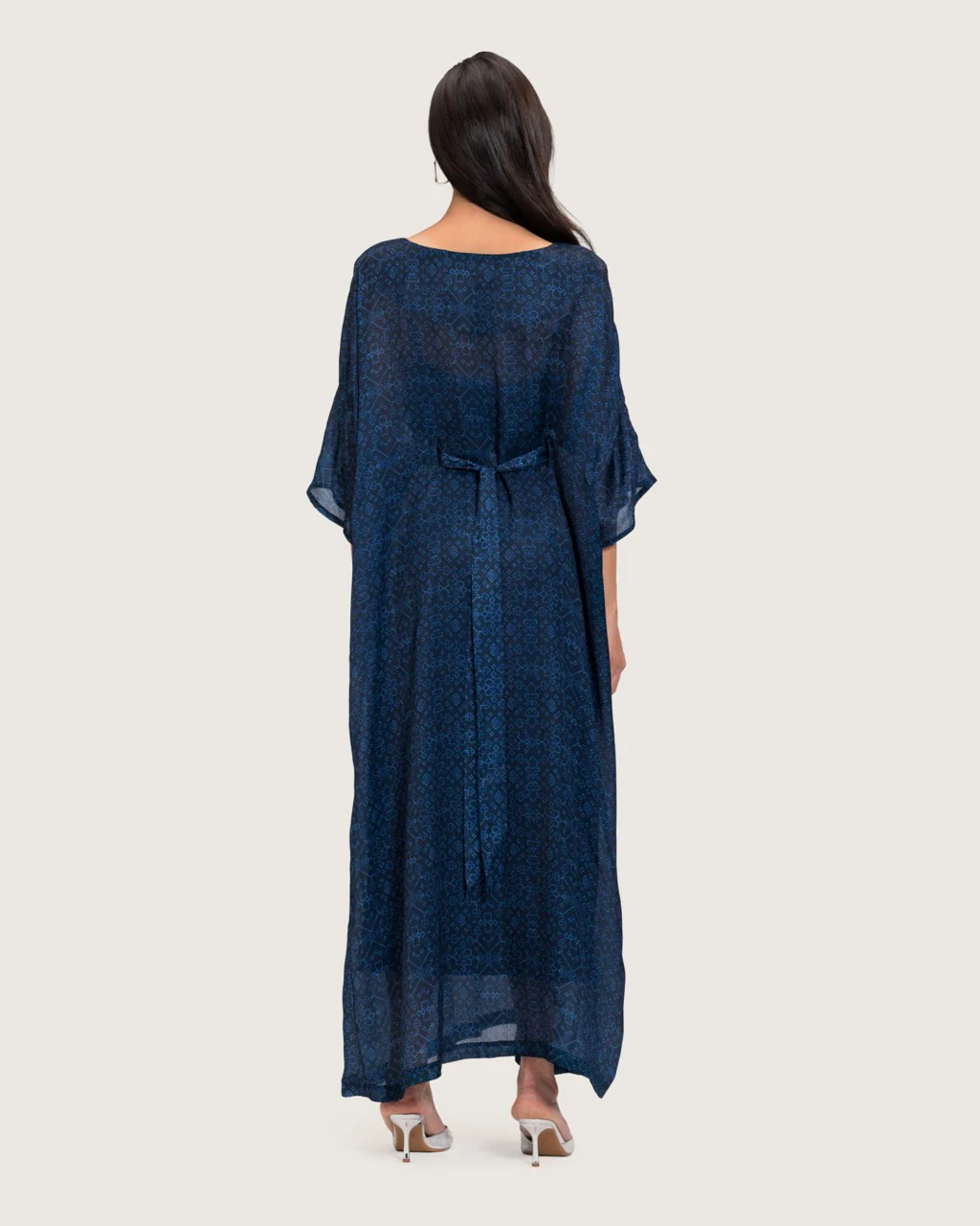 Dark Blue Printed Maxi Kaftan with Hand Embroidery & Relaxed Fit - Image 9