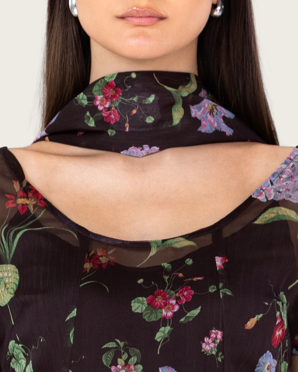 Dark Floral Chiffon Ankle Length Dress with Sheer Overlay - Image 2