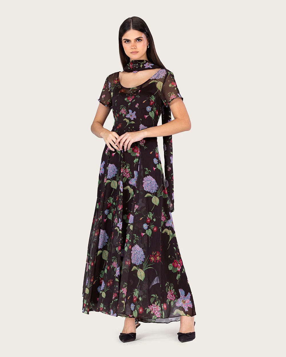Dark Floral Chiffon Ankle Length Dress with Sheer Overlay - Image 3