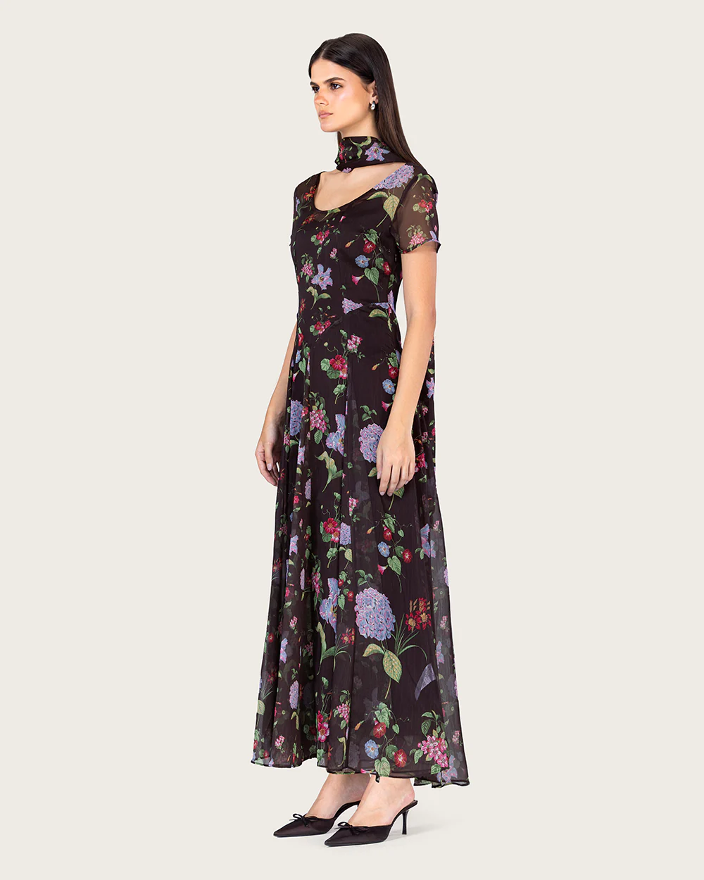 Dark Floral Chiffon Ankle Length Dress with Sheer Overlay - Image 4
