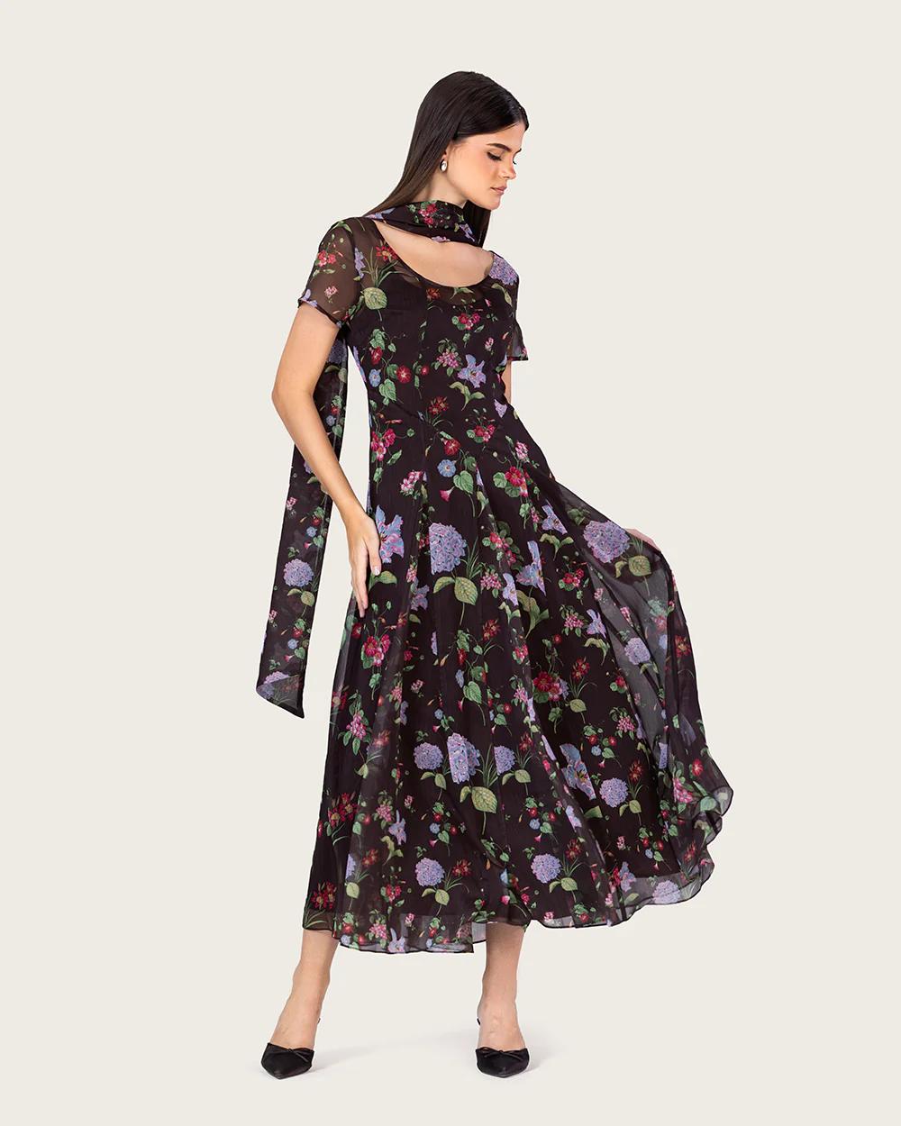 Dark Floral Chiffon Ankle Length Dress with Sheer Overlay - Image 5