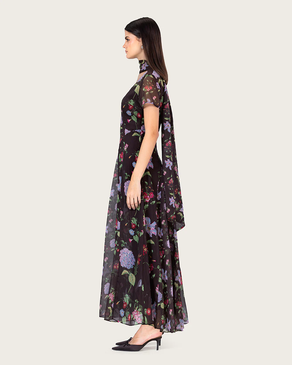 Dark Floral Chiffon Ankle Length Dress with Sheer Overlay - Image 6